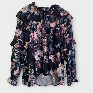 Cupio Floral Print  Ruffle Front Peasant Blouse